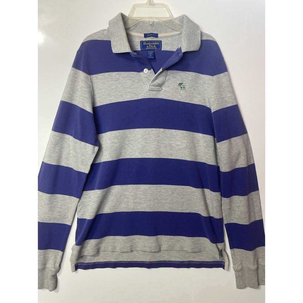 Abercrombie & Fitch Blue and Gray Striped Long Sleeve Polo